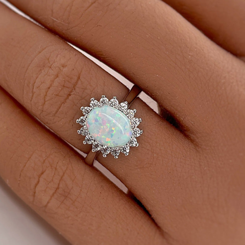 Halo Oval Cut Opal Stone Engagement Ring Sterling Silver