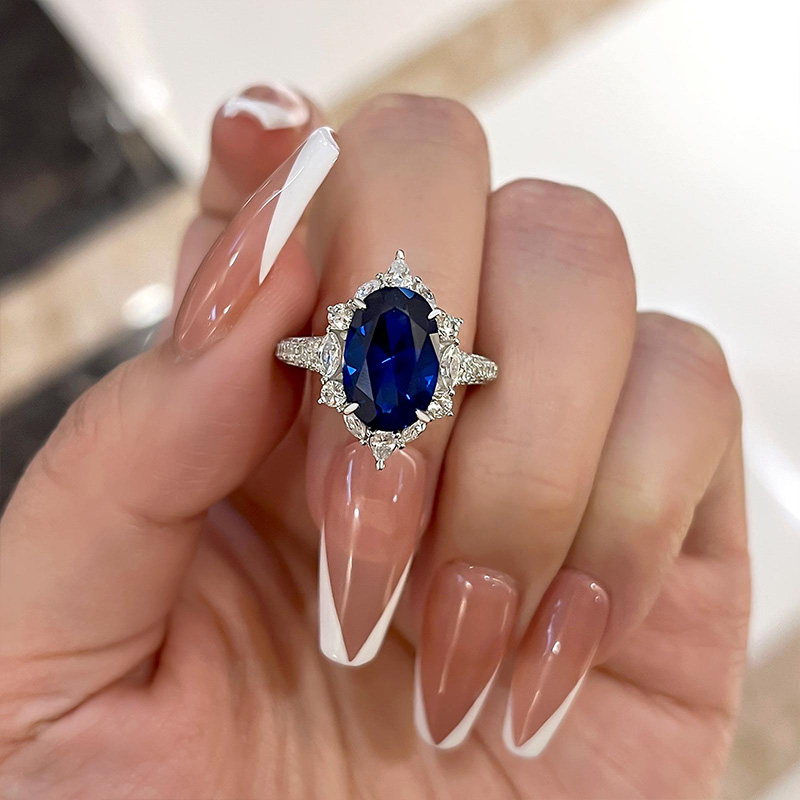 Oval cut Aqua Sapphire Halo Diamond Ring Set by La More Design in