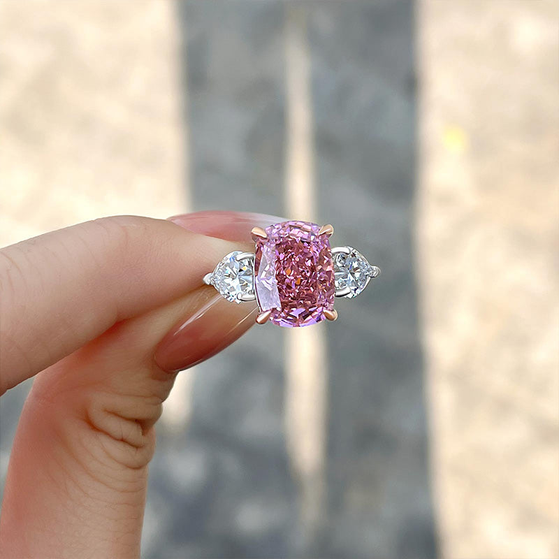 Elegant Cushion Cut Three Stone Pink Sapphire Engagement Ring In