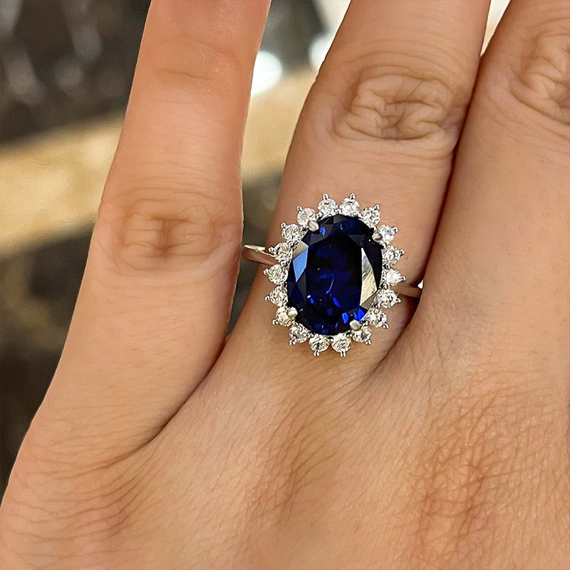 Cluster Blue Oval Cut Sapphire And Diamond Engagement Ring