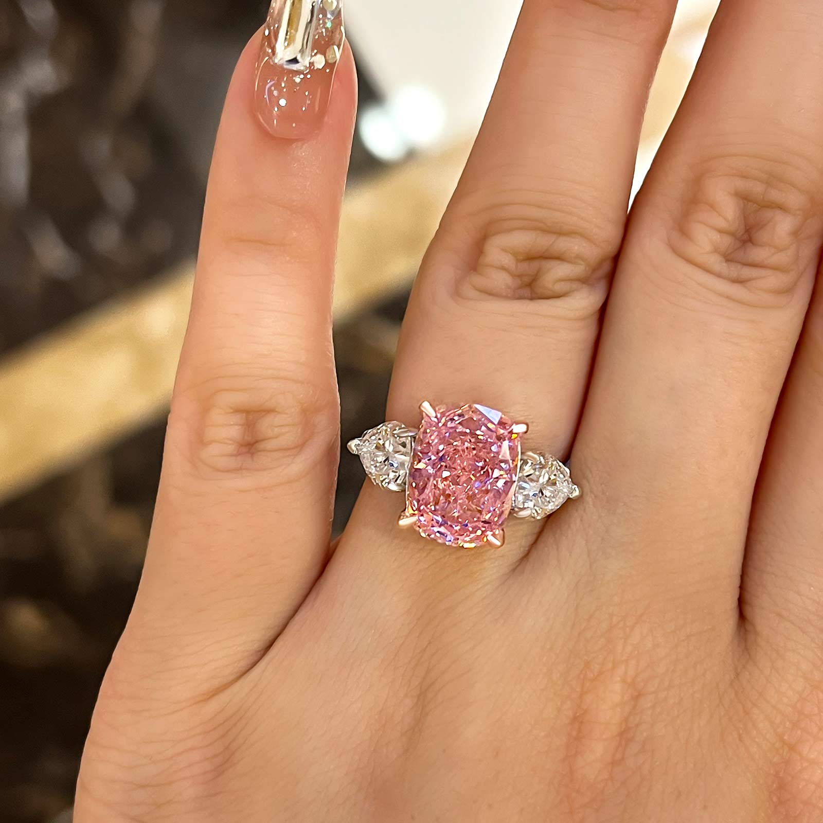 Pink cushion store cut ring