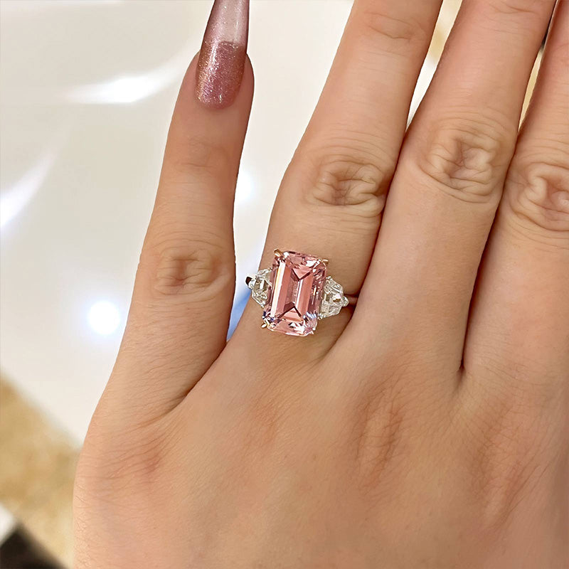 Gorgeous Emerald Cut Morganite Pink Three Stone Engagement Ring In Sterling  Silver