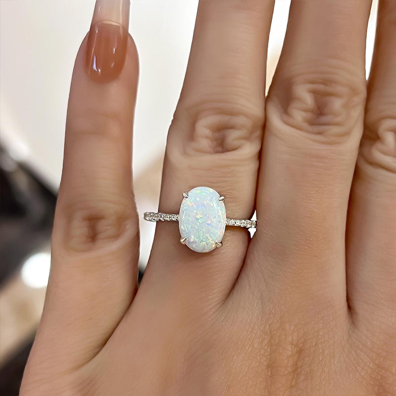 Elegant Oval Cut Opal Stone Engagement Ring in Sterling Silver