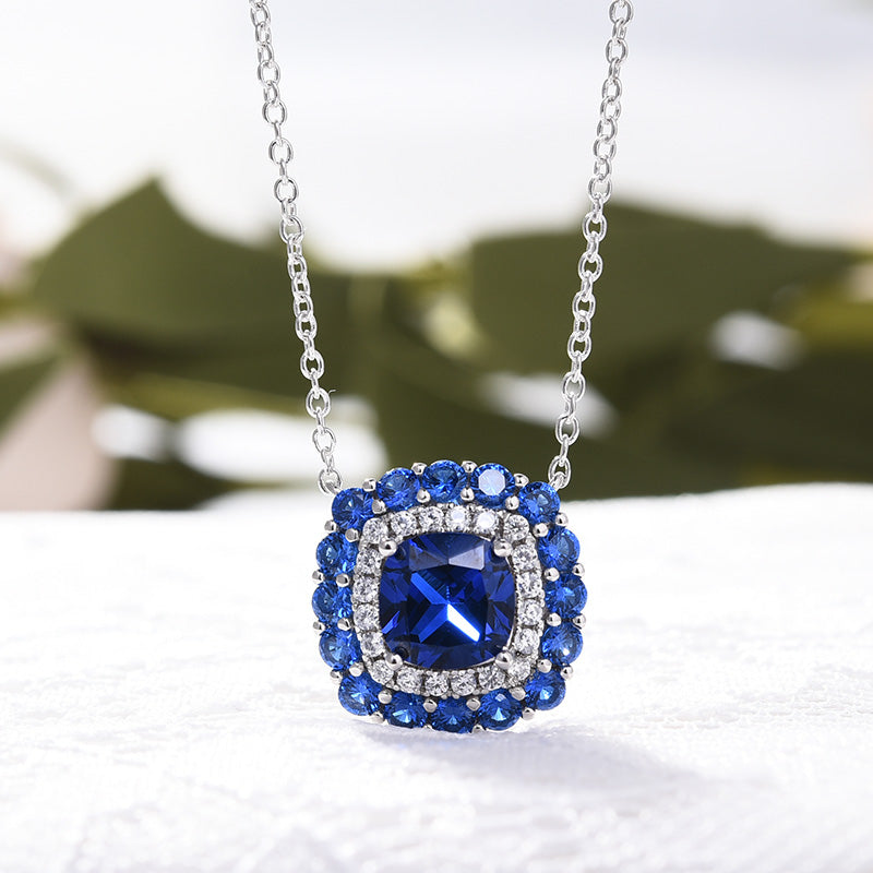 Ladies Blue Sapphire Diamond Pendant Necklace