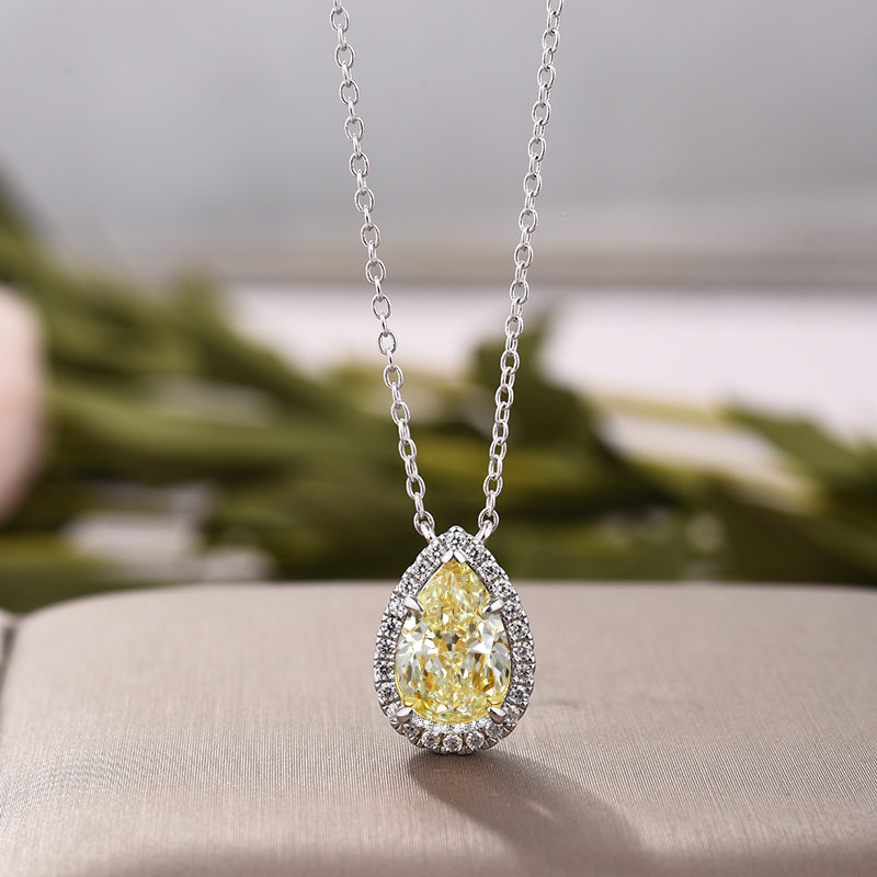 Yellow Sapphire Pendant with Necklace Halo Pear Cut Sterling Silver