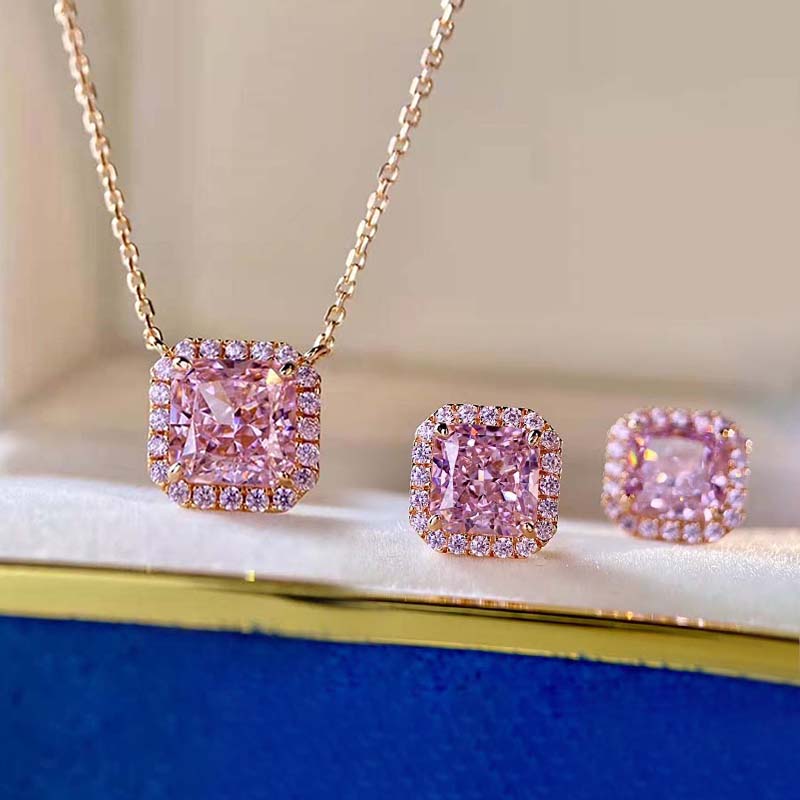 Maxine Jewelry Rose Gold Halo Radiant Cut Pink Sapphire 2pc Jewelry Set in Sterling Silver