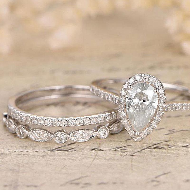 Gold Wedding Ring Set with Pear Halo Moissanite Engagement Ring