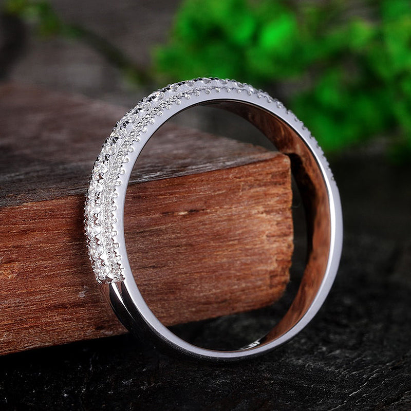 Vintage 3-Line Pave Wedding Band For Women In Sterling Silver