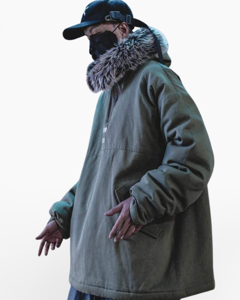 Techwear Green Cargo Jacket with Fur Hood-Bestseler-URBANLAZYMAN