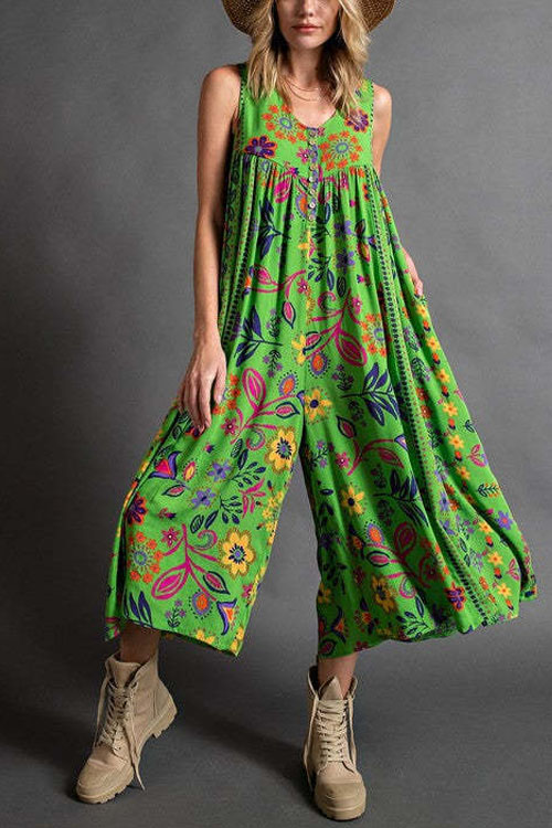 Kathiadress Vintage Print Loose Sleeveless Jumpsuit