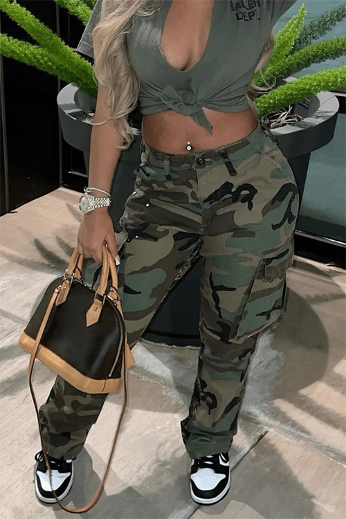 kathiadress High-Rise Straight-Leg Multicolor Camouflage Cargo Pant