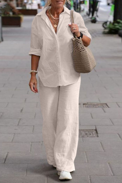 Kathiadress  Lapel shirt casual solid color pants wide leg suit