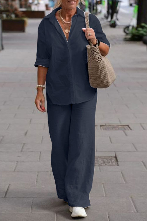 Kathiadress  Lapel shirt casual solid color pants wide leg suit