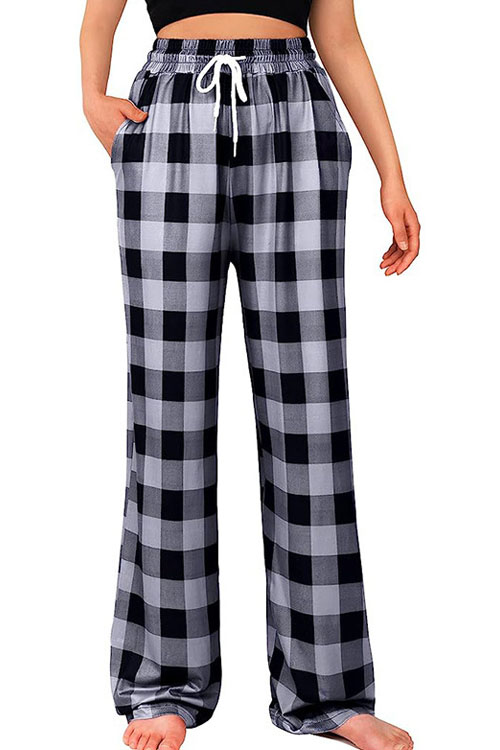 kathiadress Straight Leg Comfort Pants Drawstring Stretch Plaid Pajama Pants