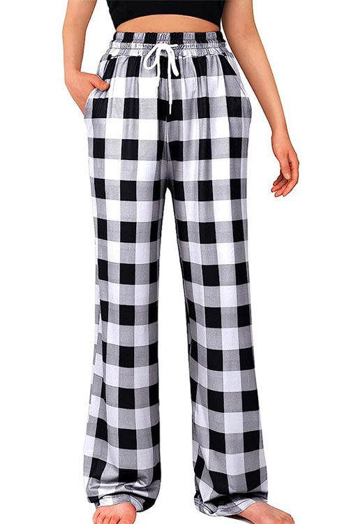 kathiadress Straight Leg Comfort Pants Drawstring Stretch Plaid Pajama Pants