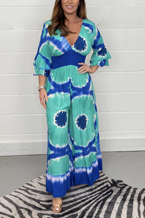 Kathiadress  Tie-dye printed bell-sleeve wide-leg jumpsuit