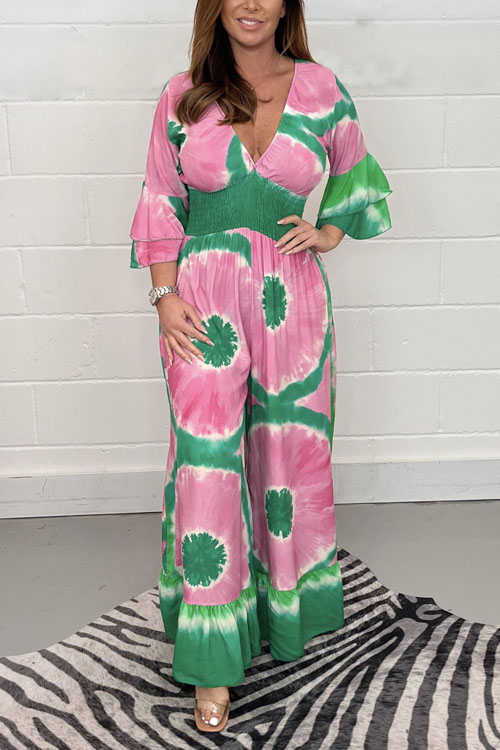 Kathiadress  Tie-dye printed bell-sleeve wide-leg jumpsuit