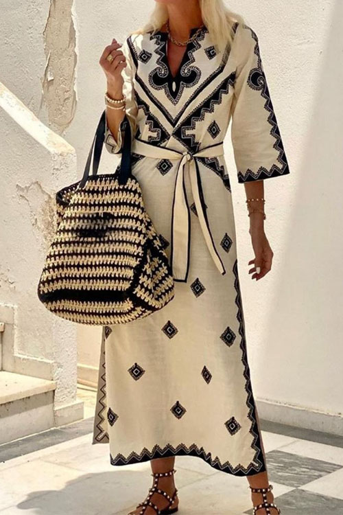 Kathiadress  Printed belted linen boho dress