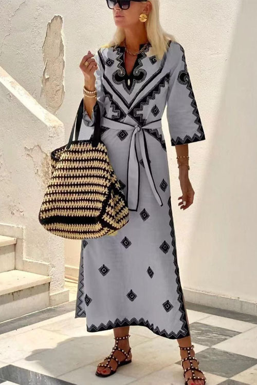 Kathiadress  Printed belted linen boho dress