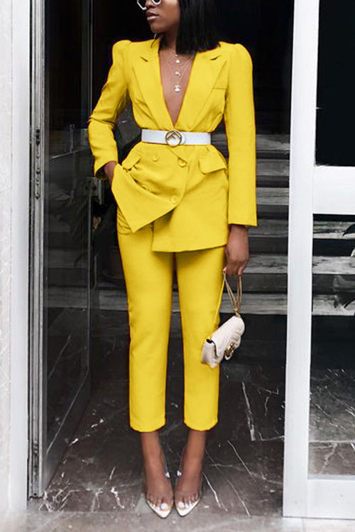 Kathiadress Fashion Solid Lapel Long Sleeve Buttons Coat+Slim Pants Two-piece