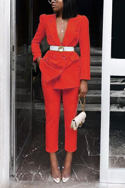 Kathiadress Fashion Solid Lapel Long Sleeve Buttons Coat+Slim Pants Two-piece