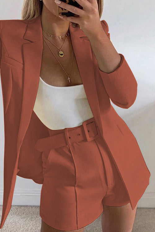 Kathiadress Chic Solid Lapel Long Sleeve Suit Coat+Slim Suit Shorts Two-piece