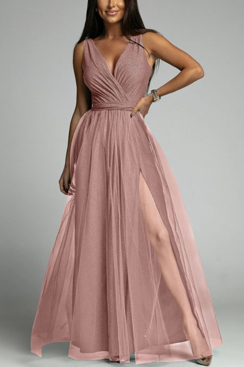 V-neck High Waist Solid Shiny Crystal Long Dress