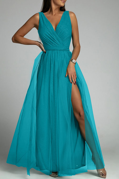 V-neck High Waist Solid Shiny Crystal Long Dress