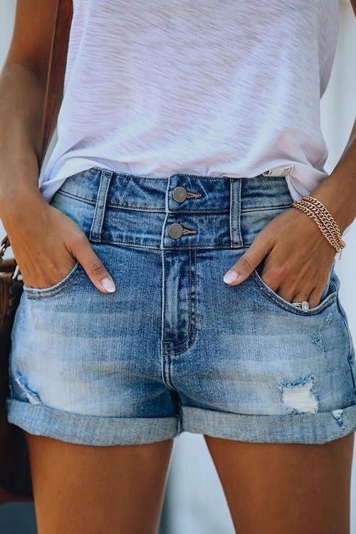 Kathiadress Double Waist Denim Shorts With Turn-Ups
