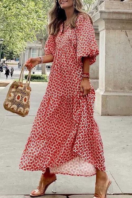 Bohemian Lantern Sleeves Long Print Swing Dress