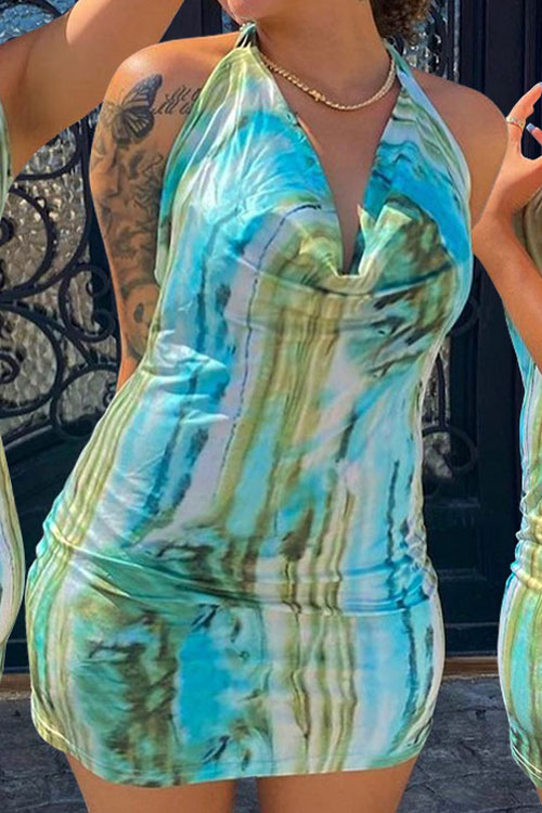 Light Blue Print Casual Lace Up Dress