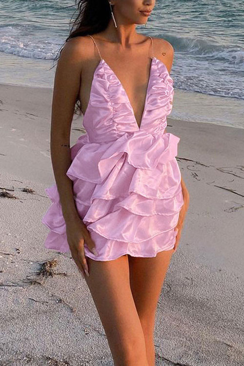 Deep V-neck diamond chain seaside leisure holiday style cake DRESS