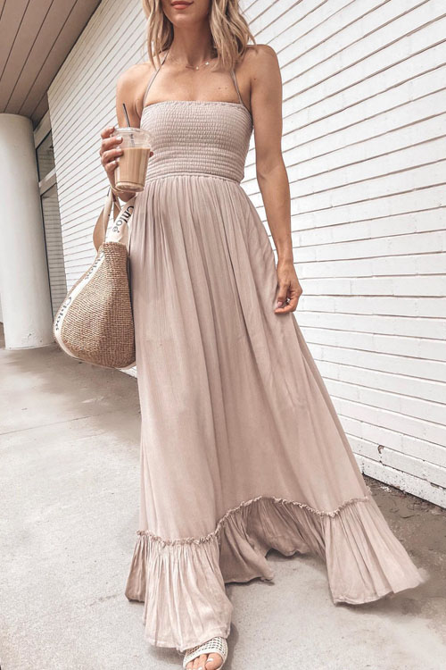 Hanging neck dress Casual wooden ear hem large swing dress
