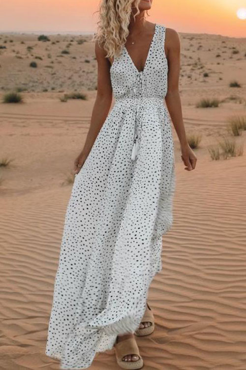 V-neck Sleeveless Holiday Beach Polka Dot Bohemian Dress
