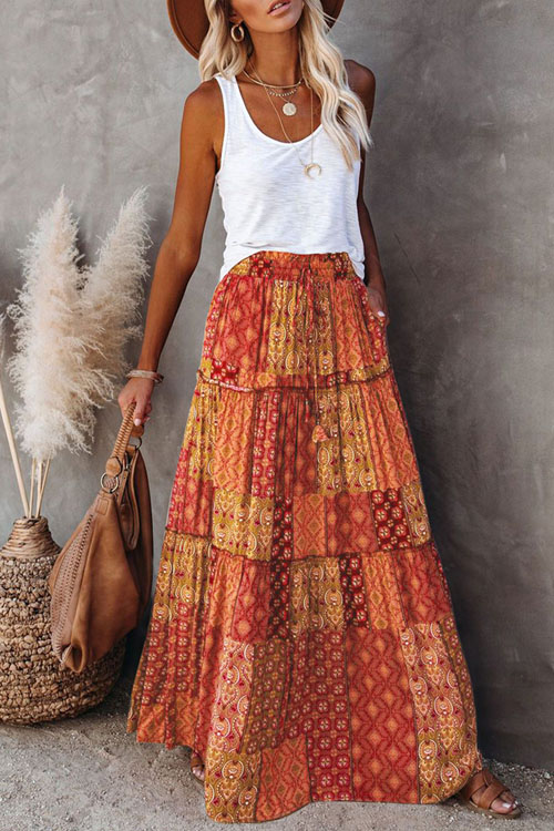 Bohemian style loose casual high waist long skirt