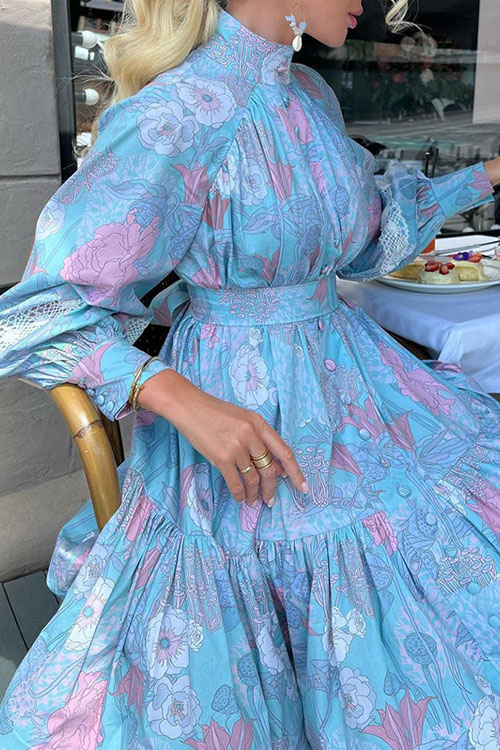 Stylish Long Sleeve High Neck Large Swing Print Dress