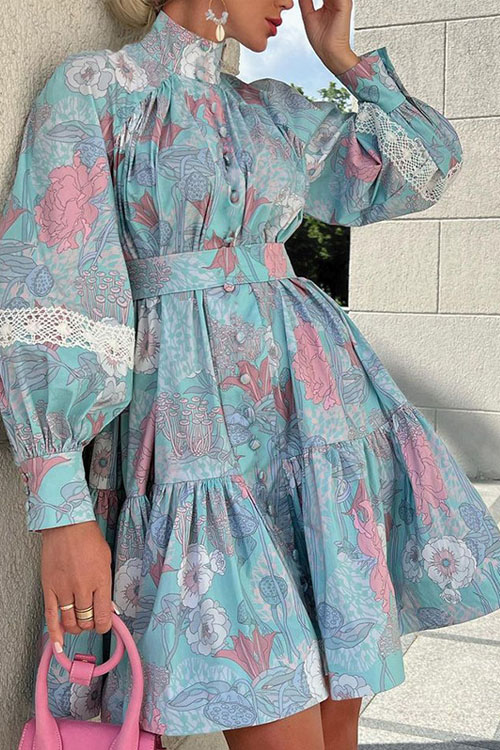 Stylish Long Sleeve High Neck Large Swing Print Dress