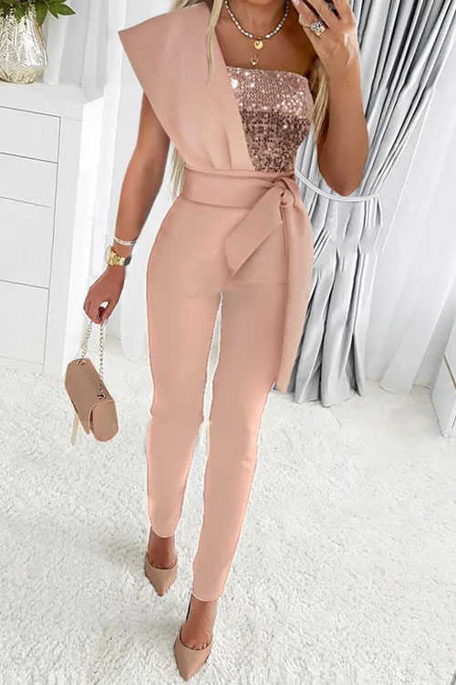 Fashion Panel One Shoulder Sequin Party Jumpsuit