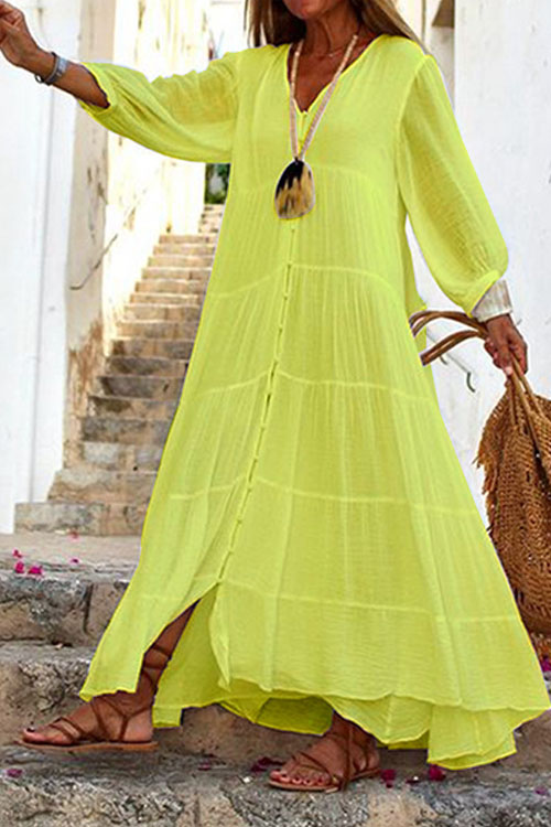 Bohemian Solid V-Neck Loose Sleeve Cotton Linen Dress