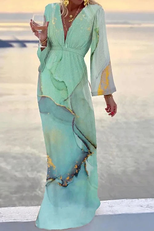 Beach Style V-Neck Marble Print Bohemian Dress