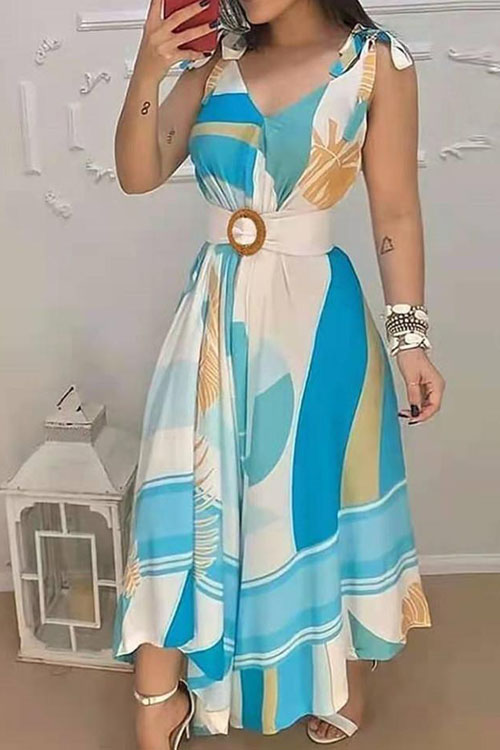 Blue lace up  non positioning print  dress (with belt)