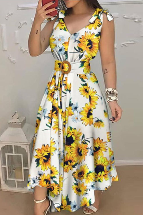 Blue lace up  non positioning print  dress (with belt)