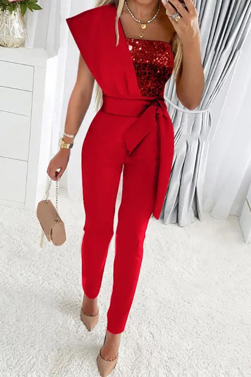 Fashion Panel One Shoulder Sequin Party Jumpsuit