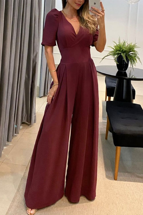 casual V-neck tie up high waist bubble short sleeve wide leg jumpsuit