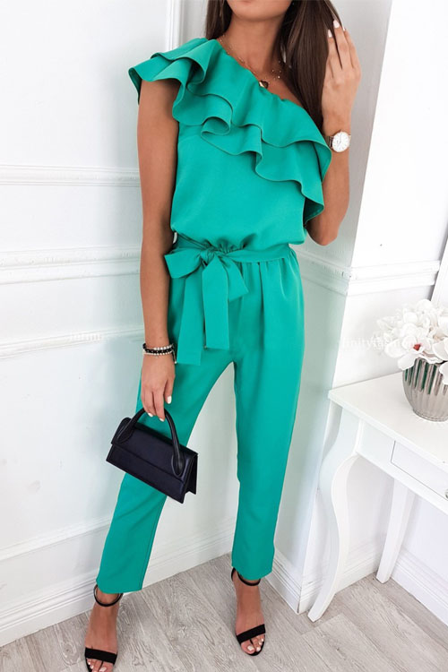 Kathiadress Casual One Shoulder Wooden Ear Jumpsuit