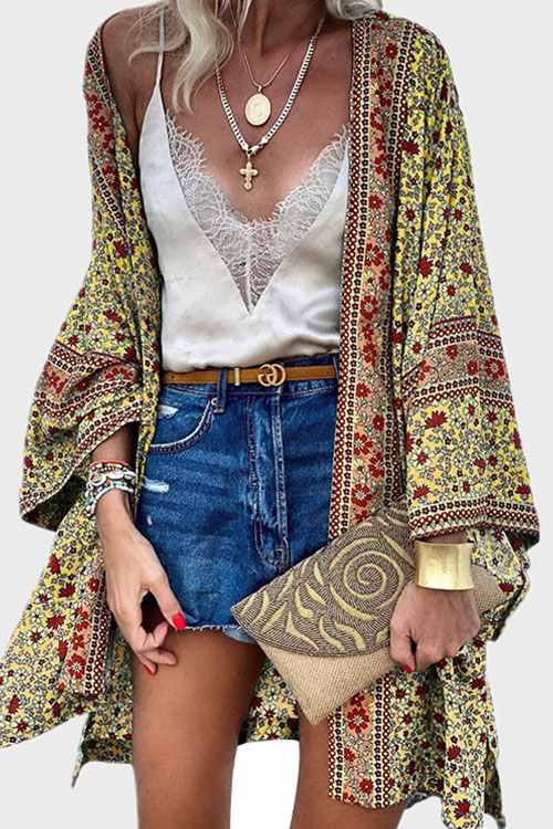 loose fitting Bohemian long sleeved printed mid length cardigan
