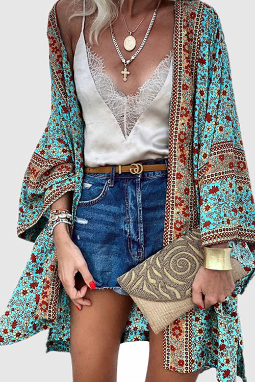 loose fitting Bohemian long sleeved printed mid length cardigan