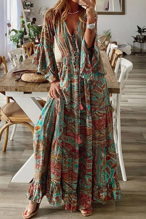 Bohemian Vintage Print High Waist Holiday Fragmented Flower 3/4 Sleeve Dress