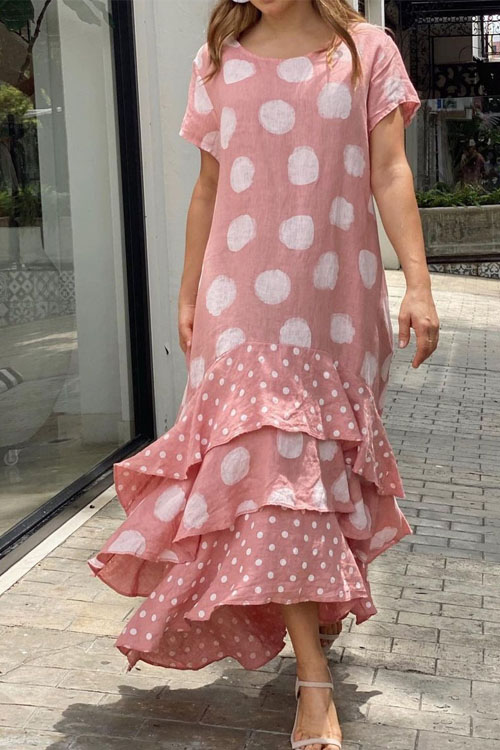 kathiadress large size Short sleeved round neck polka dot large hem long dress