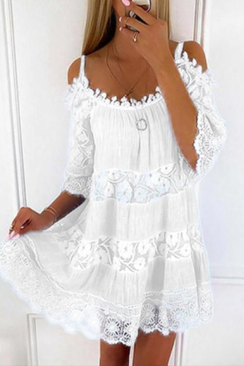 kathiadress Princess Style  Off Shoulder Lace Strap Casual Solid Loose Fit Dress